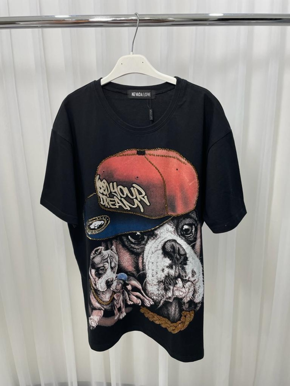 Black Graphic Dog Tee with Red Cap Print